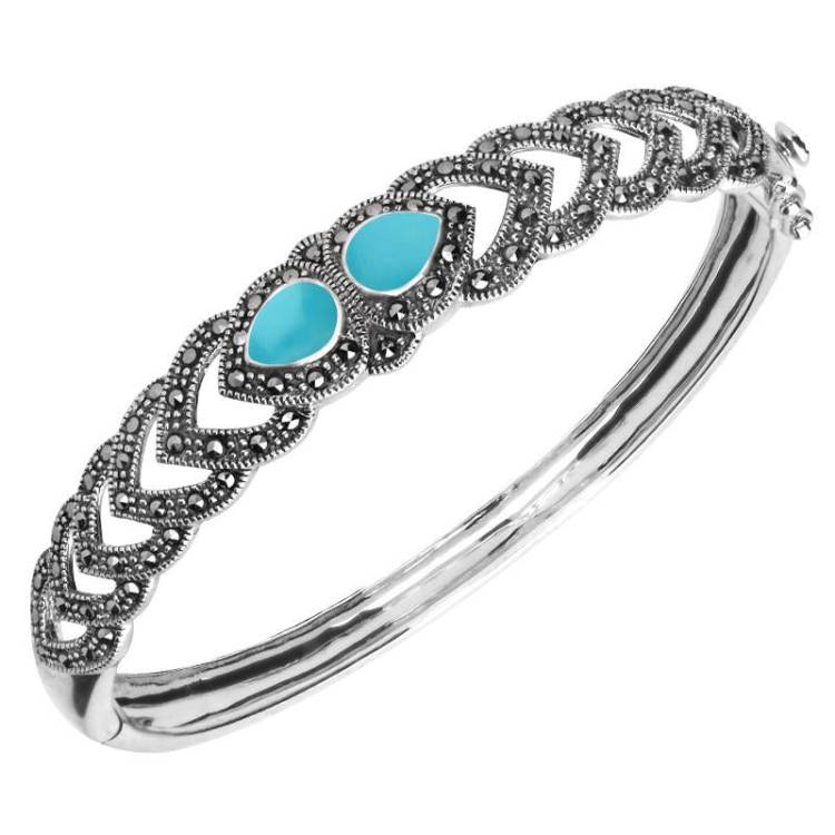 Sterling Silver Turquoise Marcasite Two Stone Pear Bangle - Silver