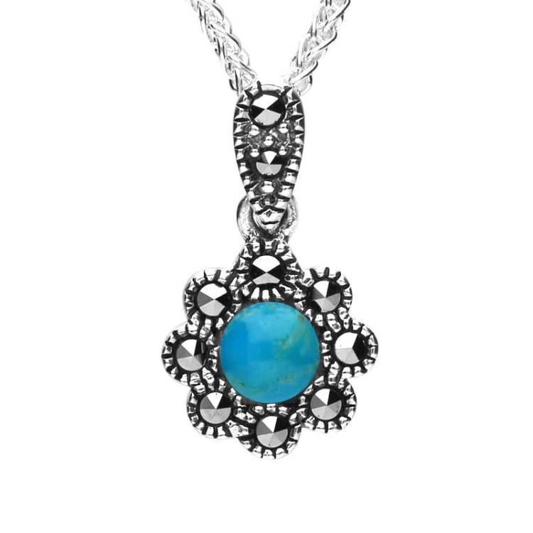 Sterling Silver Turquoise Marcasite Rounded Bead Edge Necklace - Silver