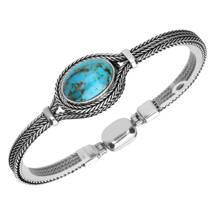 Sterling Silver Turquoise Foxtail Single Stone Oval Bracelet - Option1 Value Silver