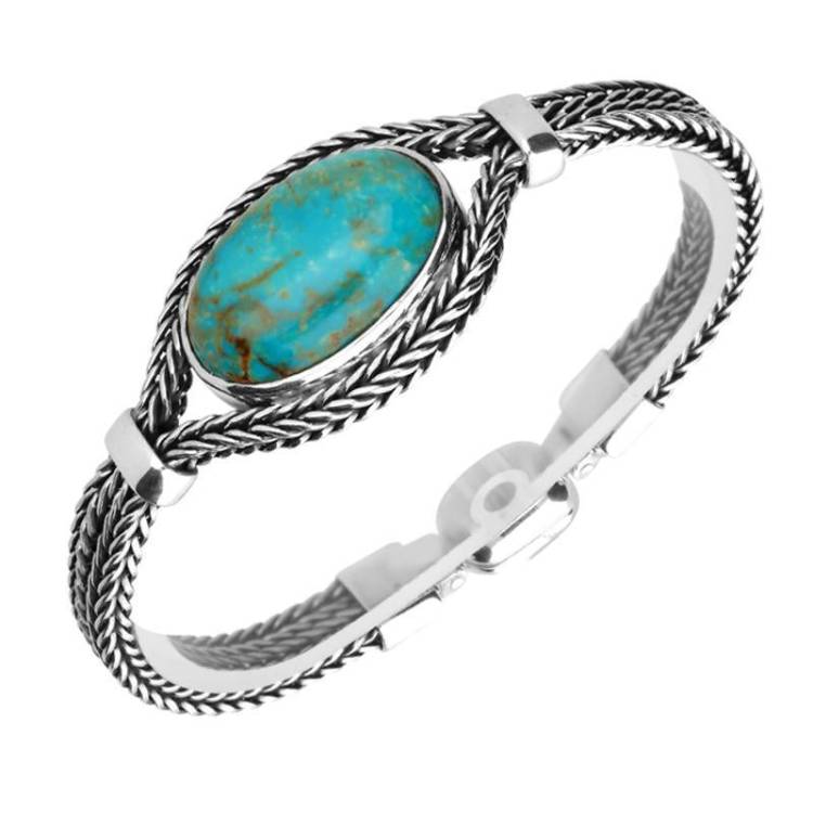 Sterling Silver Turquoise Foxtail 25x20mm Stone Oval Bracelet - Option1 Value Silver