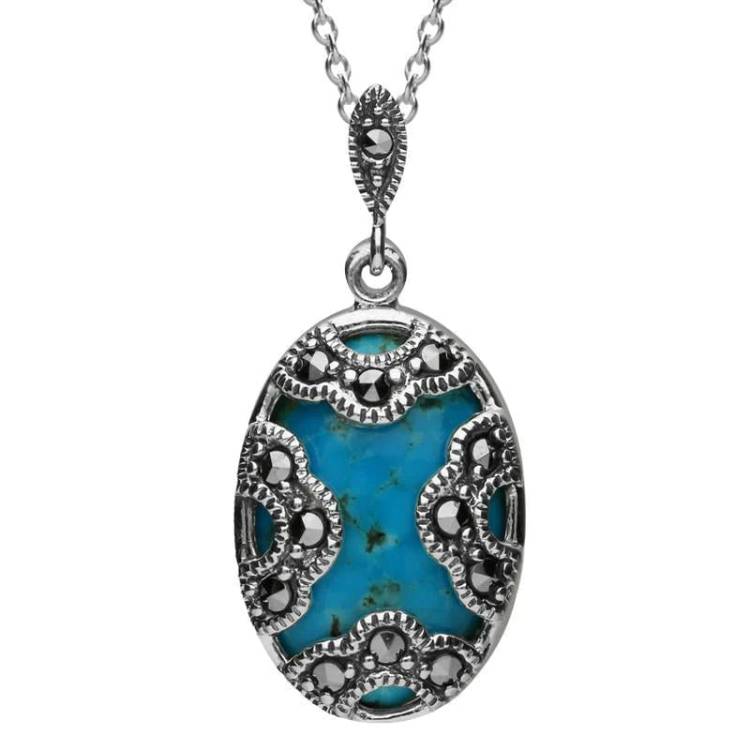 Sterling Silver Turquoise Marcasite Oval Art Deco Necklace - Silver