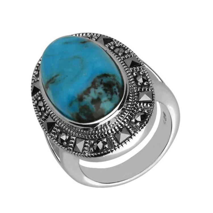 Sterling Silver Turquoise Marcasite Beaded Oval Ring - Option1 Value Silver