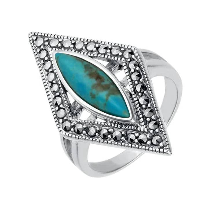 Sterling Silver Turquoise Marcasite Triangle Ring - Silver