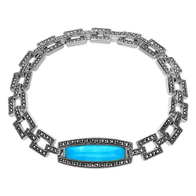 Sterling Silver Turquoise and Marcasite Oblong Curved Link Bracelet - Silver