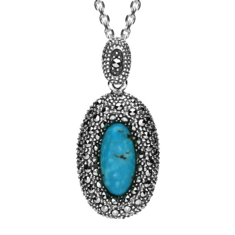 Sterling Silver Turquoise Marcasite Rounded Edge Oval Necklace - Option1 Value Silver