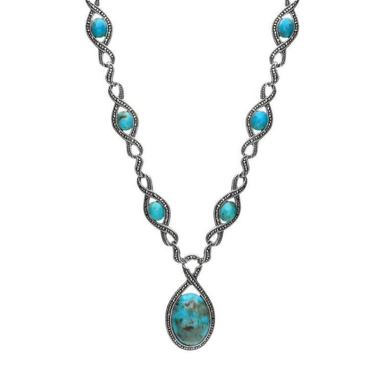 Sterling Silver Turquoise Marcasite Thirteen Stone Twist Link Necklace - Silver
