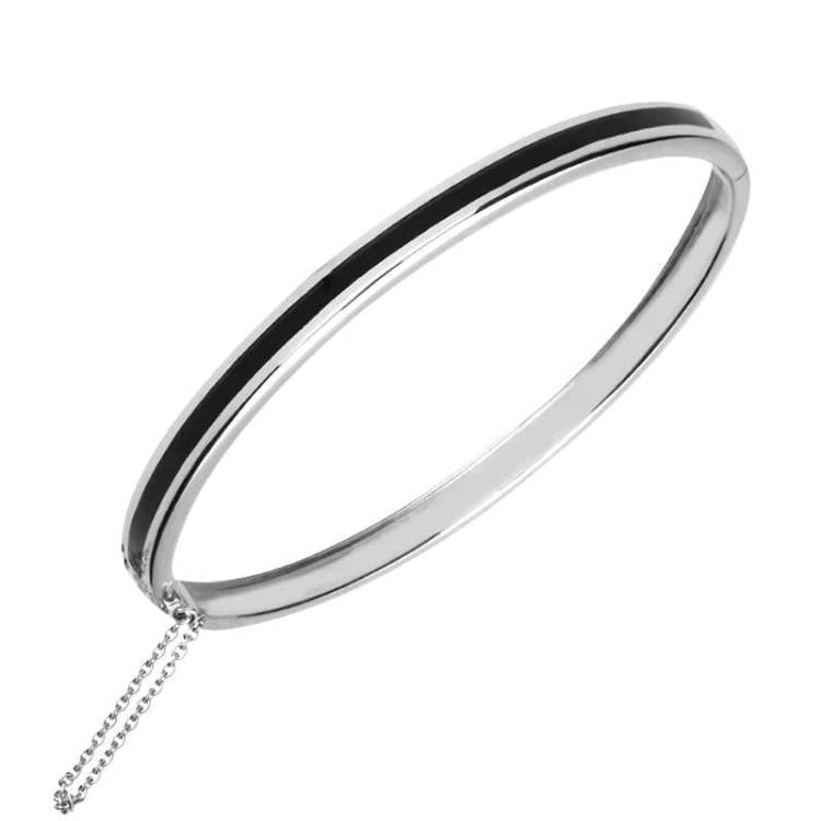 Sterling Silver Whitby Jet Channel Set Hinged Bangle - Option1 Value Silver