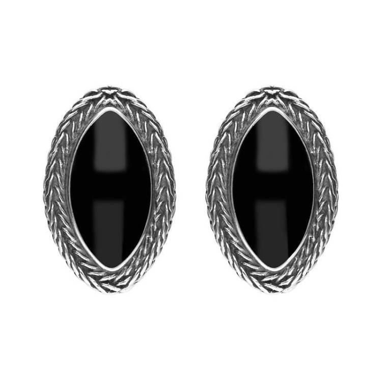 Sterling Silver Whitby Jet Foxtail Large Marquise Stud Earrings D - Option1 Value Silver
