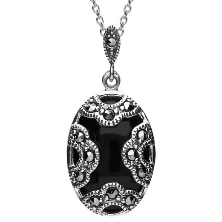 Sterling Silver Whitby Jet Marcasite Oval Art Deco Necklace - Silver