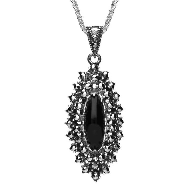 Sterling Silver Whitby Jet Marcasite Double Row Stone Necklace - Silver