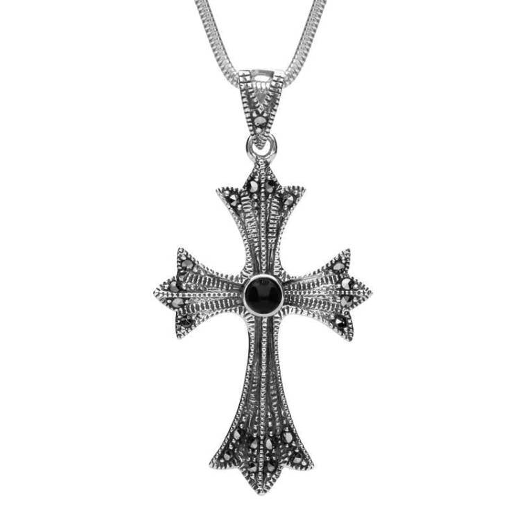 Sterling Silver Whitby Jet Three Point Cross Marcasite Necklace - Silver