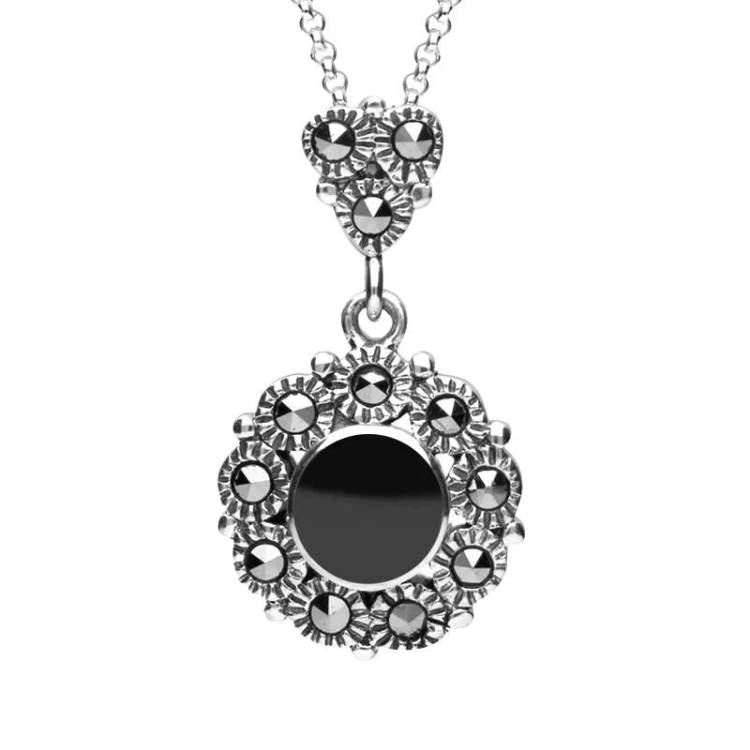 Sterling Silver Whitby Jet Marcasite Round Beaded Drop Necklace - Silver