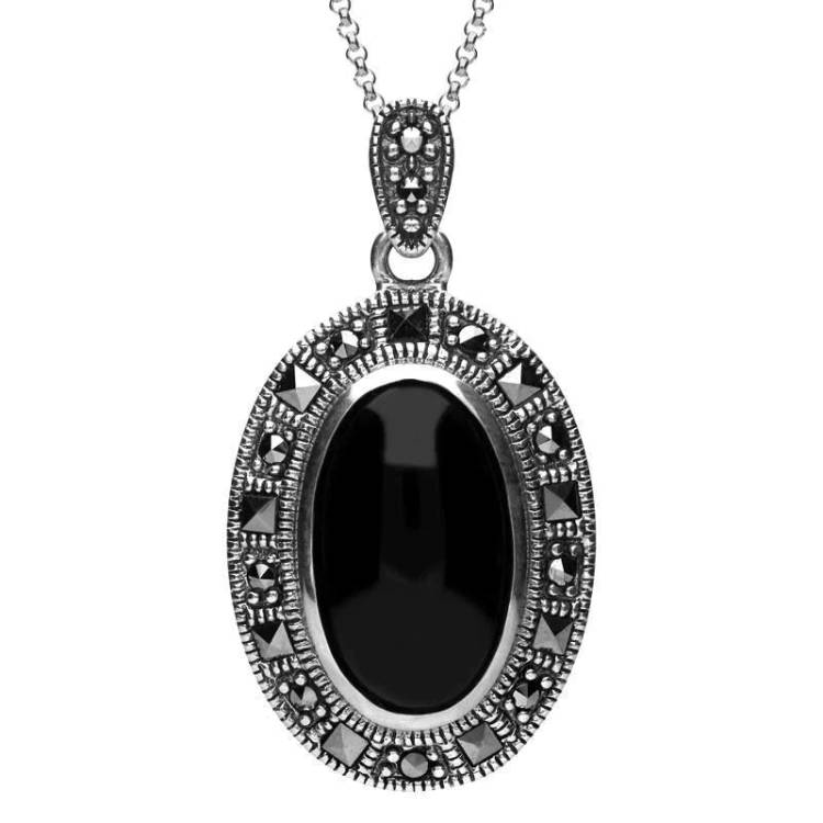 Sterling Silver Whitby Jet and Marcasite Beaded Edge Necklace - Silver