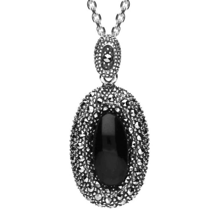 Sterling Silver Whitby Jet Marcasite Rounded Edge Oval Necklace - Option1 Value Silver