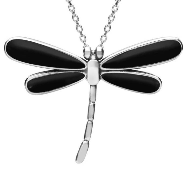 Sterling Silver Whitby Jet Four Stone Small Dragonfly Necklace - Silver