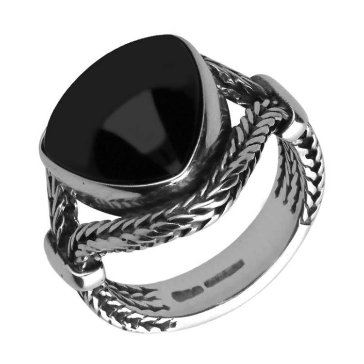 Sterling Silver Whitby Jet Triangle Split Shoulder Foxtail Ring D - Option1 Value Silver