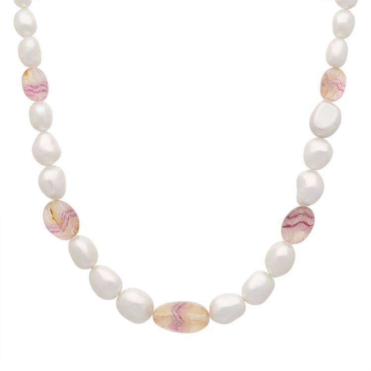 Sterling Silver Blue John Freshwater Pearl Necklace D - Silver