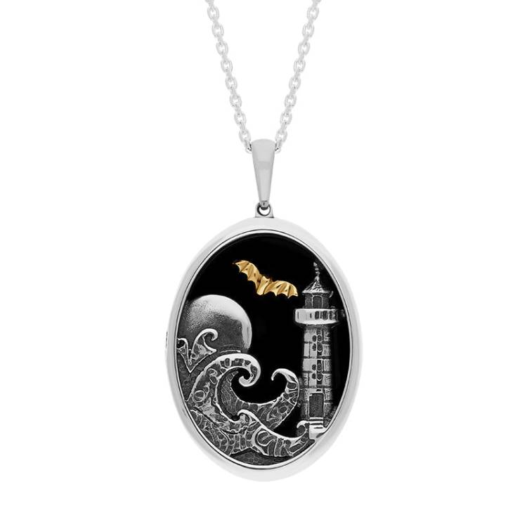 Sterling Silver 9ct Yellow Gold Whitby Jet Whitby Lighthouse and Bat Oval Necklace - Silver