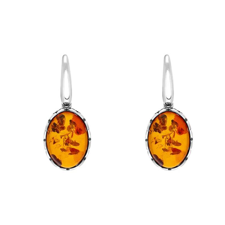 Sterling Silver Amber Oval Butterfly Edge Earrings - Silver