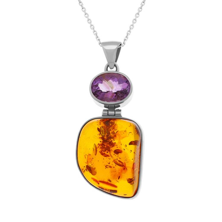 Sterling Silver Amber Amethyst Pendant Necklace D - Silver
