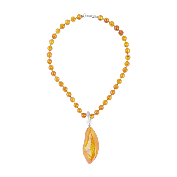 Sterling Silver Amber Beaded Pendant Necklace D - Silver