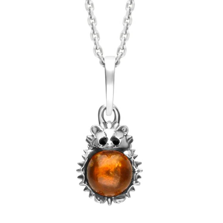 Sterling Silver Amber Tiny Hedgehog Necklace - Silver
