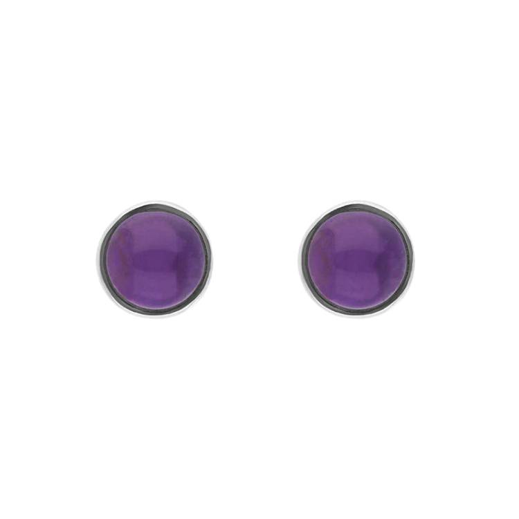 Sterling Silver Amethyst Round Stud Earrings - Silver