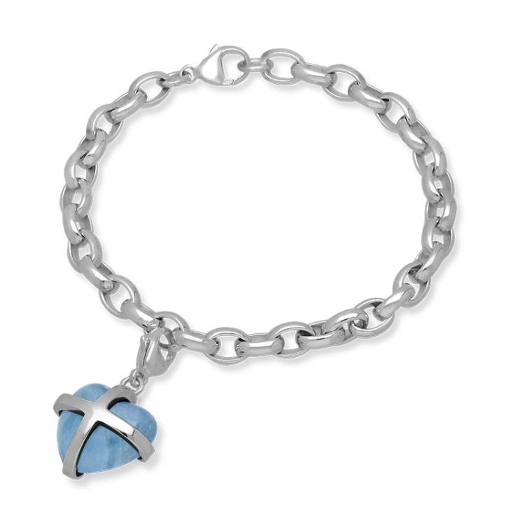 Sterling Silver Aquamarine Medium Cross Heart Charm Bracelet - Option1 Value Silver