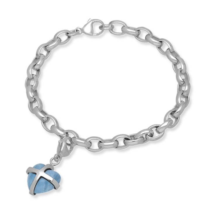 Sterling Silver Aquamarine Small Cross Heart Charm Bracelet - Option1 Value Silver