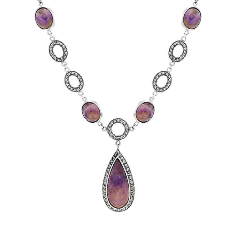 Sterling Silver Blue John Marcasite Pear Drop Oval Chain Necklace - Silver