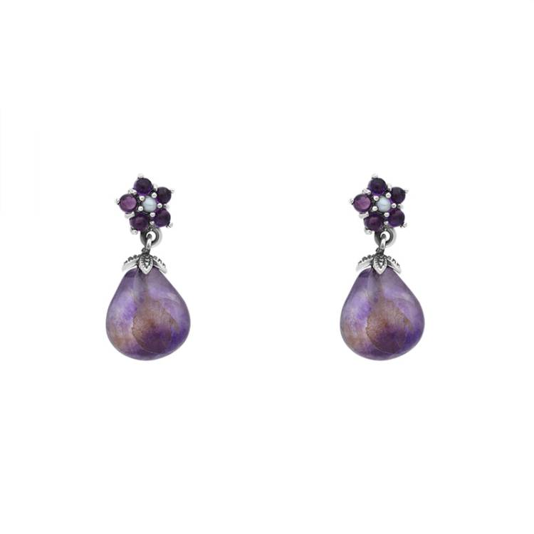 Sterling Silver Blue John Amethyst Pearl Flower Top Drop Earrings - Silver