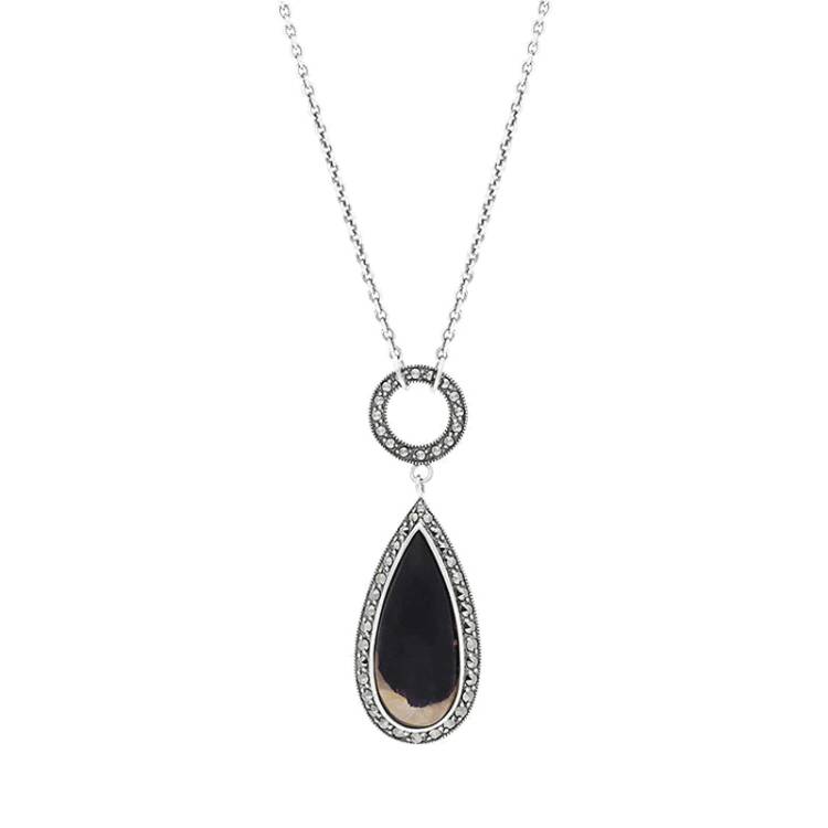 Sterling Silver Blue John Marcasite Pear Drop T-Bar Necklace - Silver