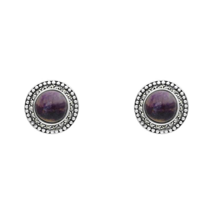 Sterling Silver Blue John Marcasite Round Stud Earrings - Silver