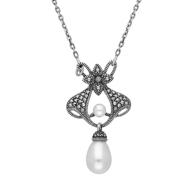 Sterling SilverFreshwater Pearl Marcasite Ornate Fancy Necklace - Silver