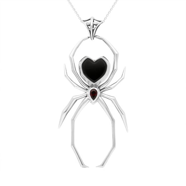 Sterling Silver Whitby Jet Garnet Spider Pendant Necklace - Silver