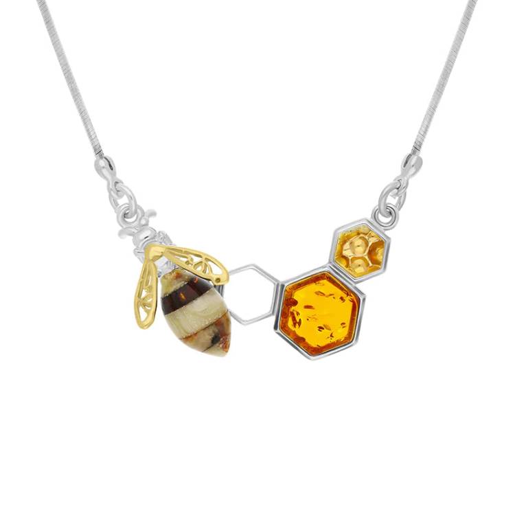 Sterling Silver Gold Plated Amber Bee Honeycomb Necklace - Silver