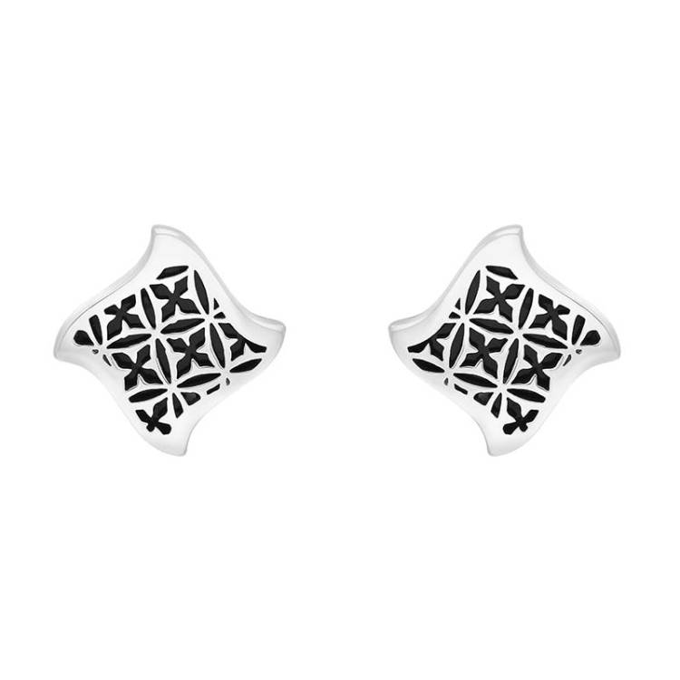Sterling Silver Whitby Jet Filigree Stud Earrings - Silver