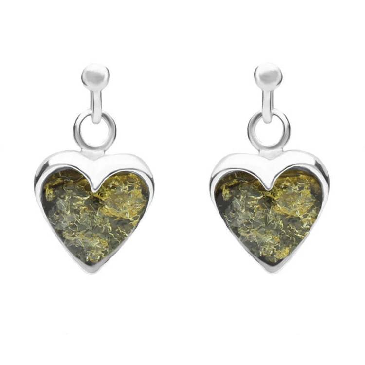 Sterling Silver Green Amber Small Heart Earrings - Silver