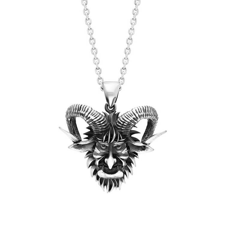 Sterling Silver Large Krampus Head Pendant Necklace - Silver