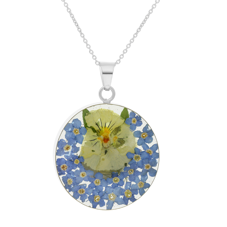Sterling Silver Large Round Blue Flower Necklace D - Silver