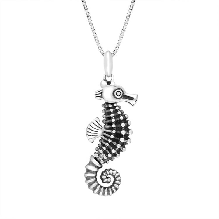 Sterling Silver Large Seahorse Pendant Necklace D - Silver