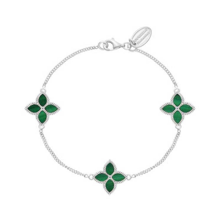 Sterling Silver Malachite Bloom Marquise Flower Bracelet - Silver