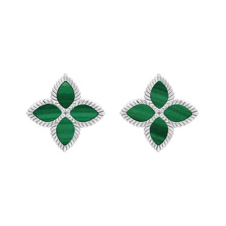 Sterling Silver Malachite Bloom Marquise Flower Stud Earrings - Silver