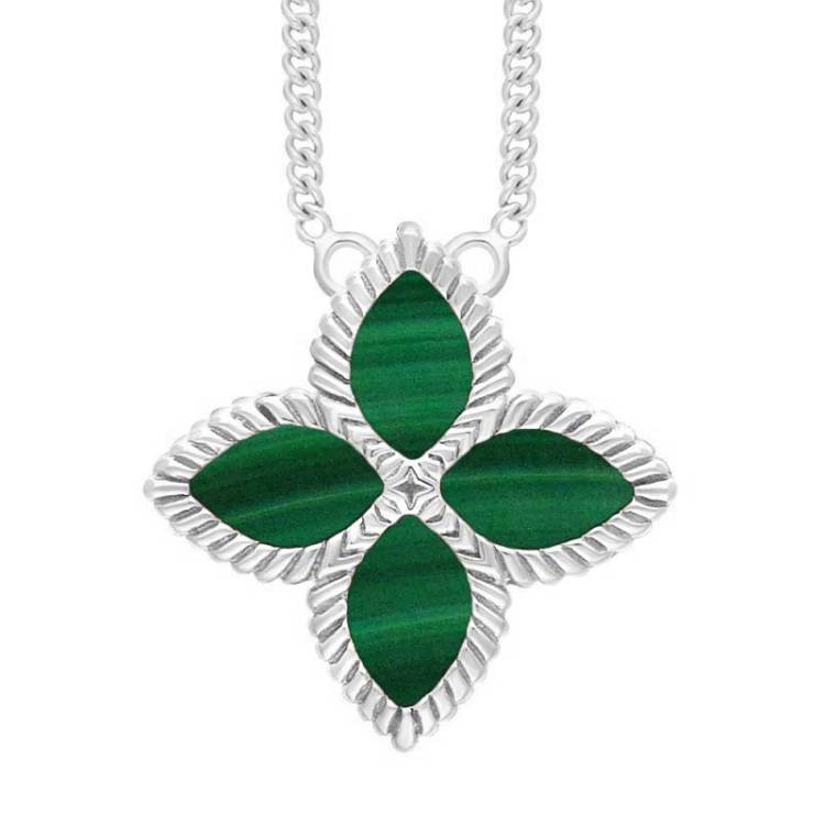 Sterling Silver Malachite Bloom Large Marquise Flower Necklace - Silver