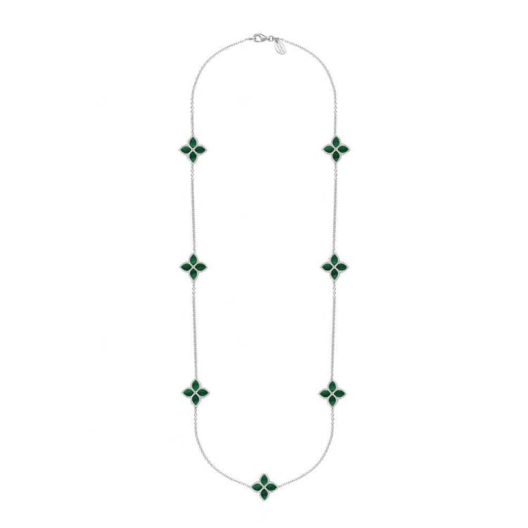 Sterling Silver Malachite Bloom Long Marquise Flower Necklace - Silver