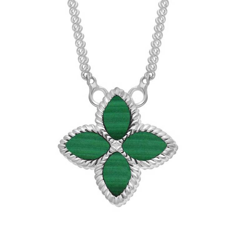 Sterling Silver Malachite Bloom Small Marquise Flower Necklace - Silver
