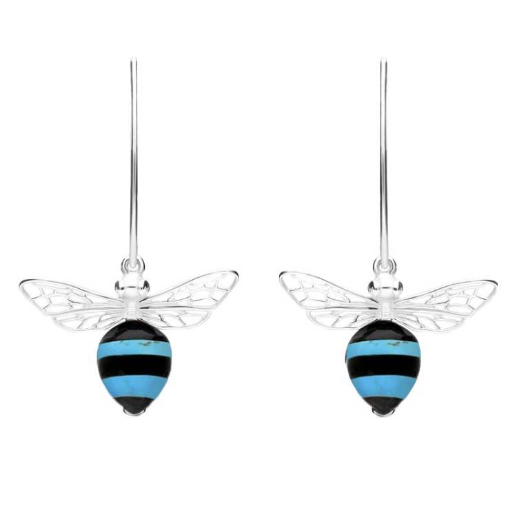 Sterling Silver Turquoise Whitby Jet Bee Small Hook Earrings - Silver