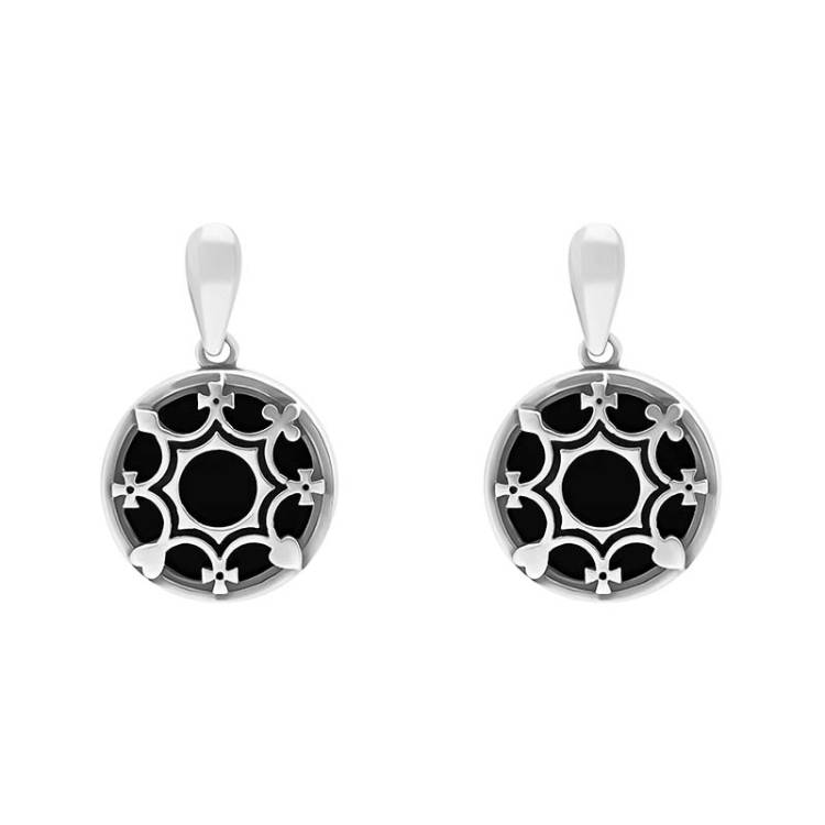 Sterling Silver Whitby Jet House of Cards Drop Earrings - Silver