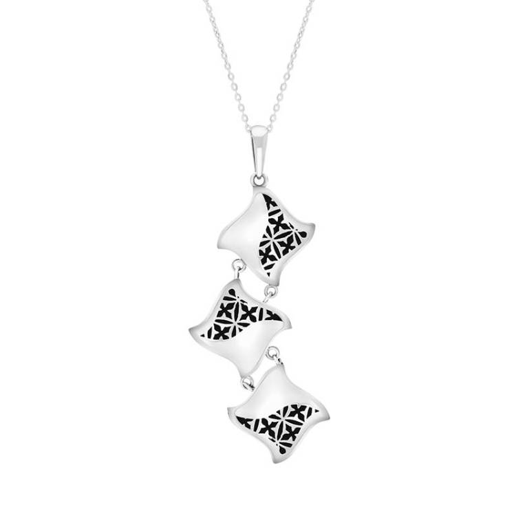 Sterling Silver Whitby Jet Reversible Filigree Triple Square Pendant - Silver