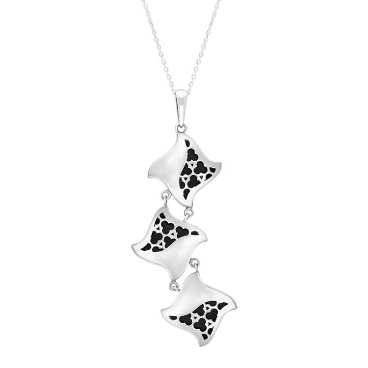 Sterling Silver Whitby Jet Reversible Filigree Triple Square Trefoil Pendant - Silver